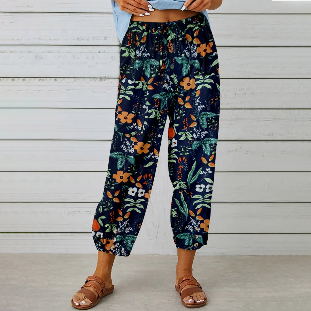 Damen lässige Pant mit floralem Druck und praktischen Knöpfen Heidi-Mode