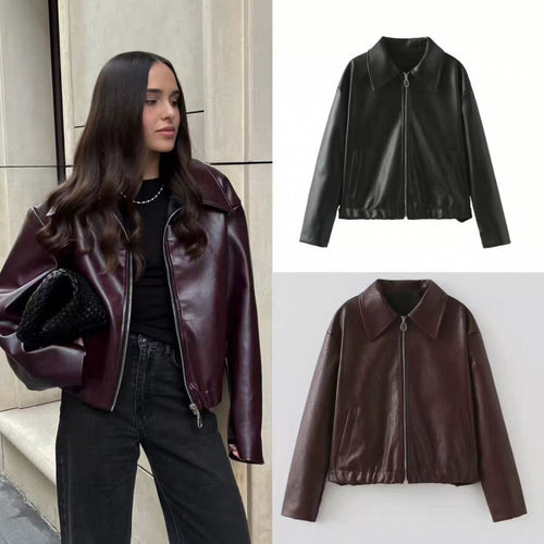 Damen modische Kunstlederjacke mit schlichter Eleganz und praktischen Taschen Heidi-Mode