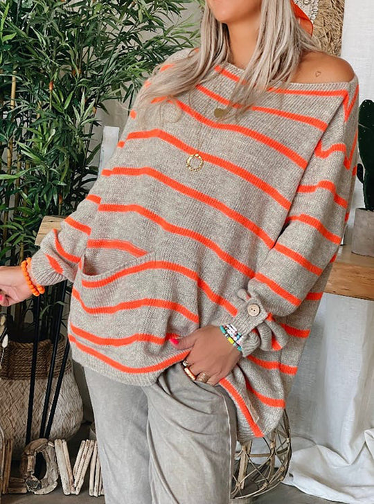 Damen lässiger Strickpullover mit elegantem Streifenmuster und praktischer Brusttasche Heidi-Mode