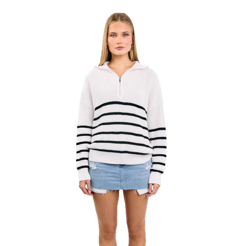 Damen sportlicher Strickpullover mit halbem Reißverschluss und Streifenmuster Heidi-Mode