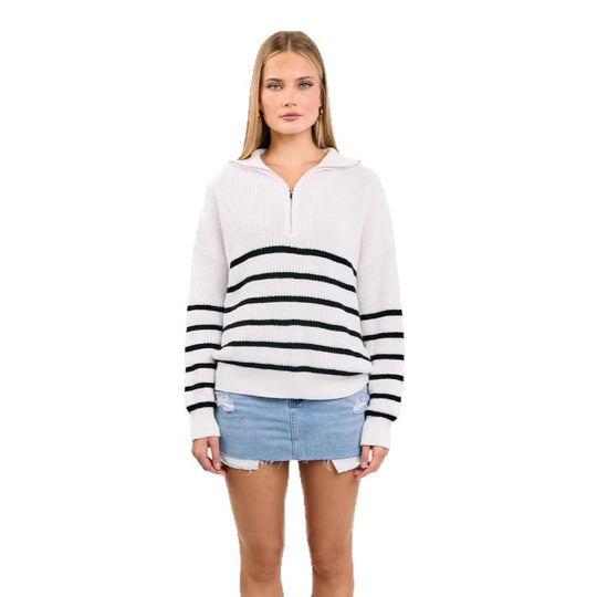 Damen sportlicher Strickpullover mit halbem Reißverschluss und Streifenmuster Heidi-Mode