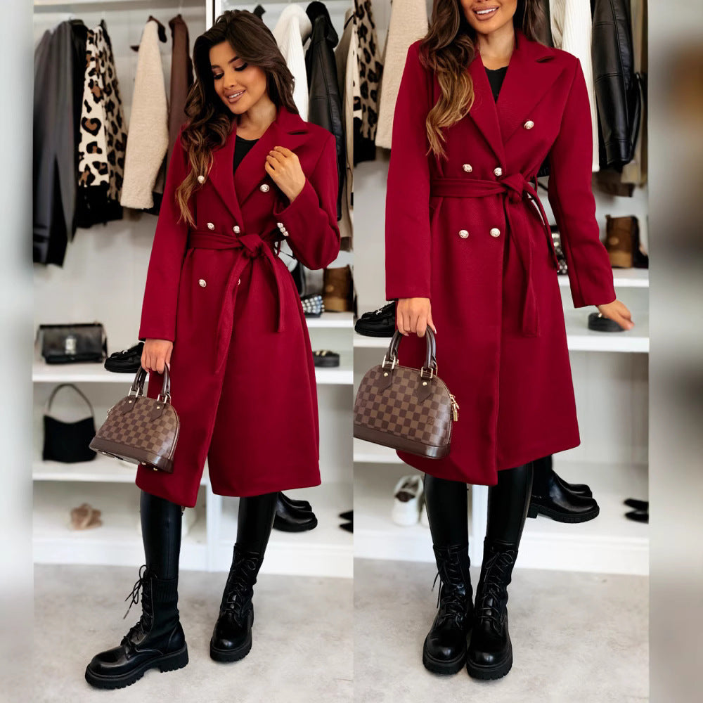 Damen eleganter Mantel mit Taillengürtel und doppelter Knopfblende Heidi-Mode