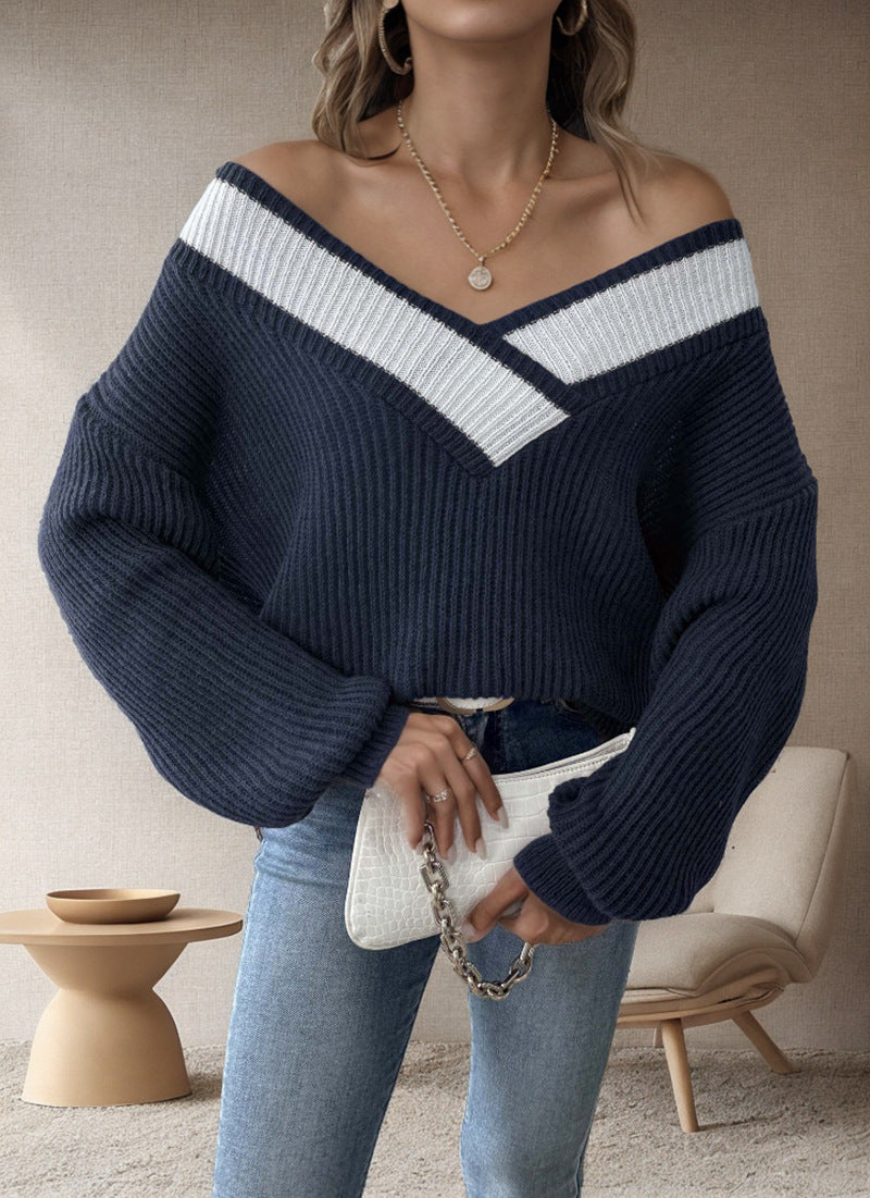 Damen oversized V-Pullover mit strukturiertem Rippstrickdesign Heidi-Mode