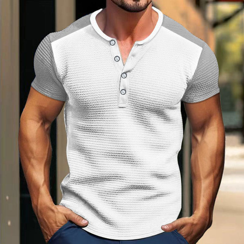 Herren Kurzarm-Hemd mit modischem Henley-Kragen und Kontrastärmel Heidi-Mode