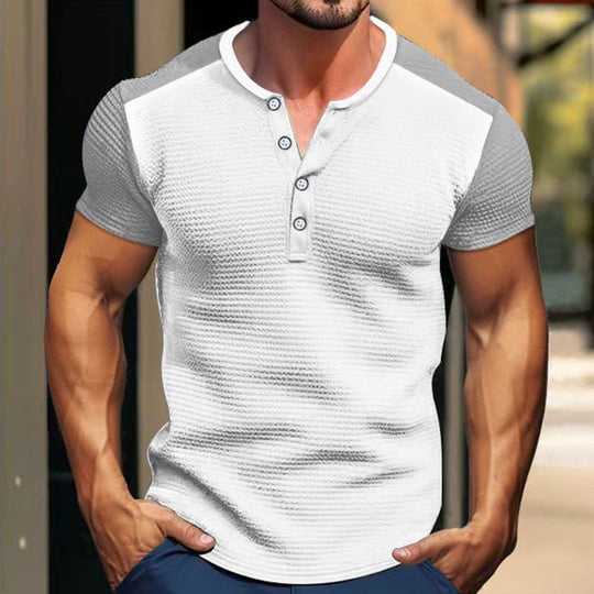 Herren Kurzarm-Hemd mit modischem Henley-Kragen und Kontrastärmel Heidi-Mode