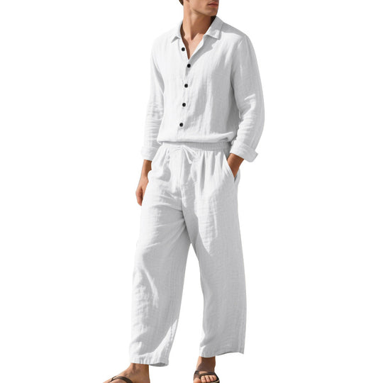 Herren Leinen-Loungeanzug mit elastischem Bund und praktischem Knopfdesign Heidi-Mode