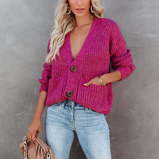 Heidi-Mode | Damen Strick Stilvolle Große Knopf Pullover