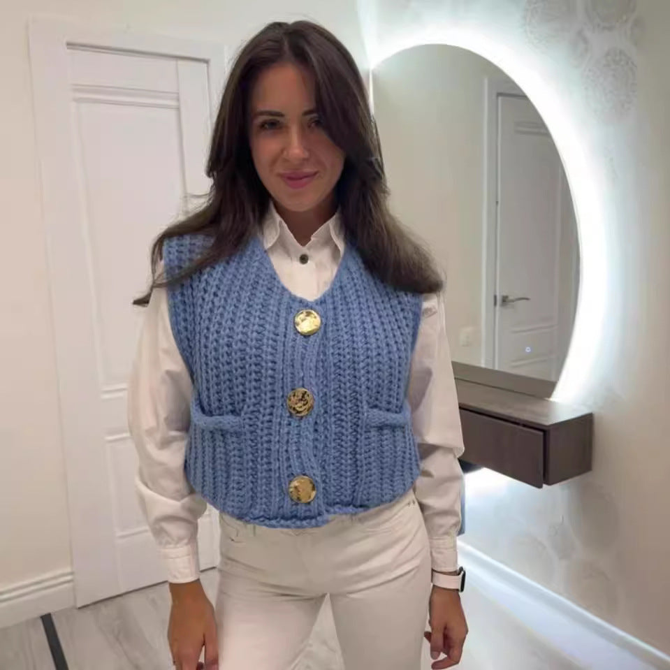 Damen Strickweste mit praktischen Taschen und dekorativen Knöpfen Heidi-Mode
