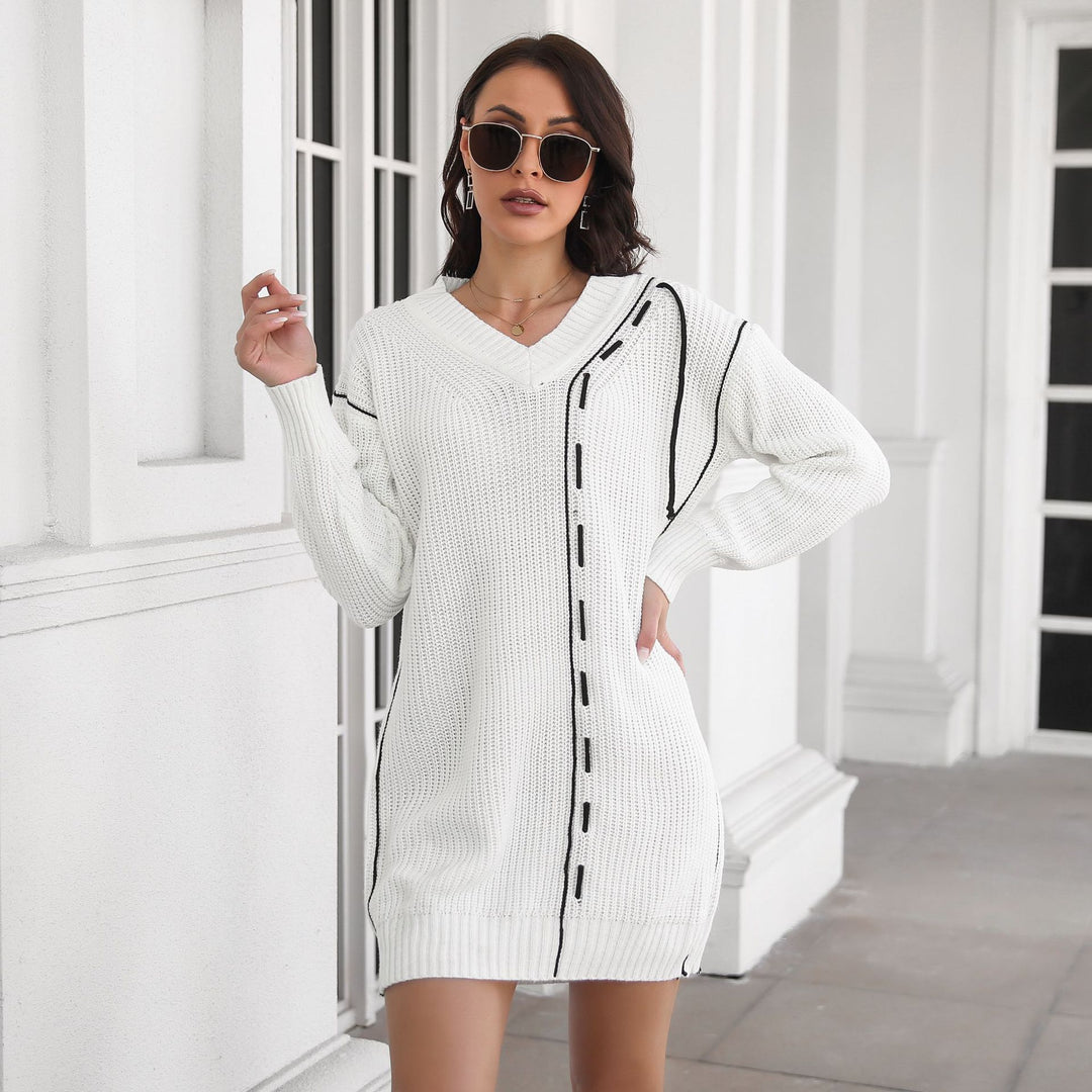 Damen Großer V-Ausschnitt Strickkleid mit dekorativen Nähten Heidi-Mode