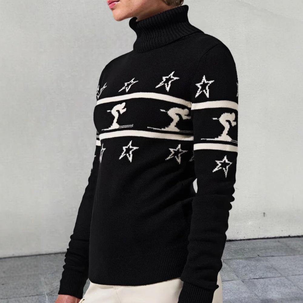 Damen Rollkragenpullover mit Skimotiv und Sternen Heidi-Mode