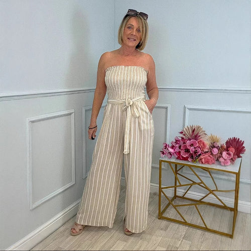 Damen Eleganter Jumpsuit mit gestreiftem Design und Gürtel Heidi-Mode