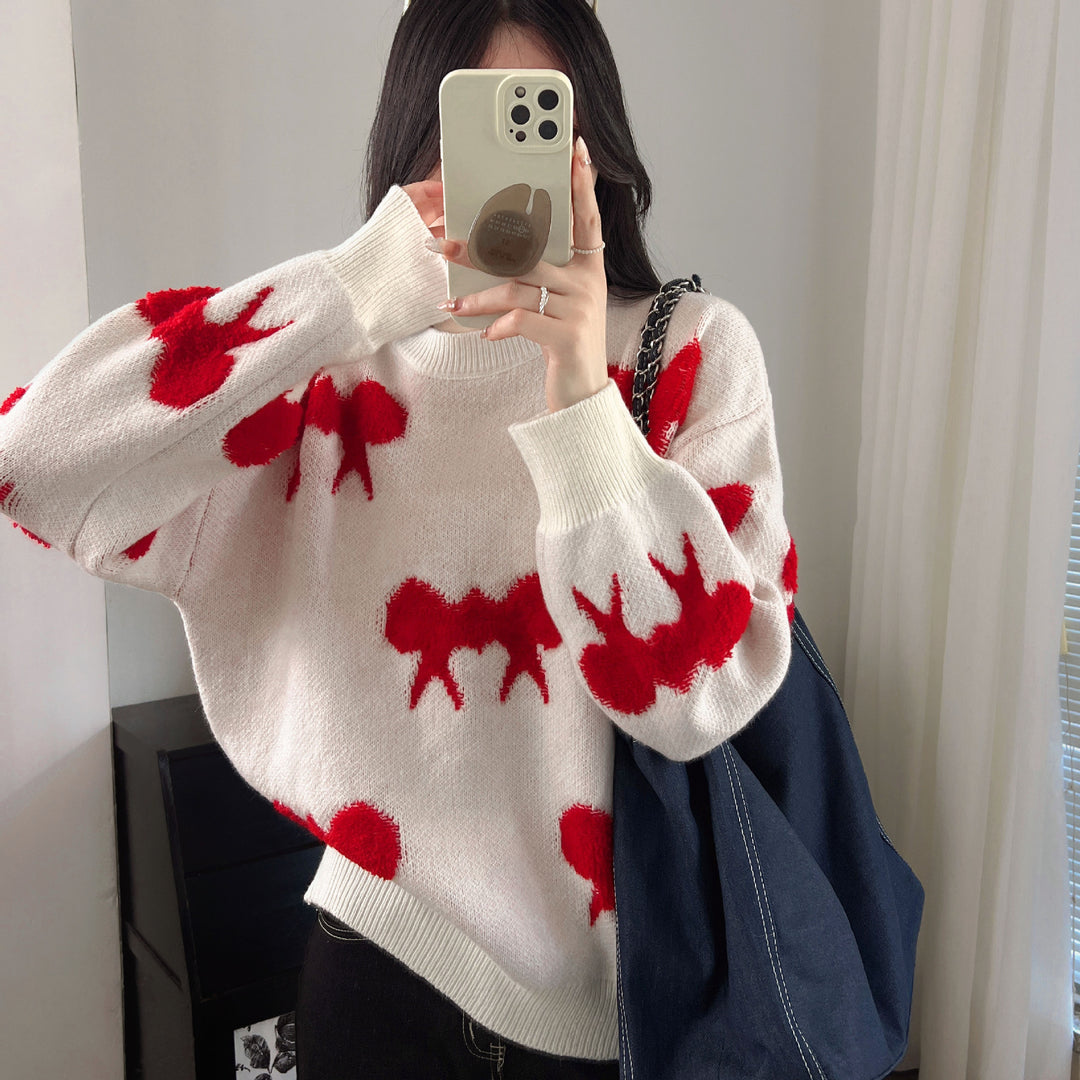 Damen Kuscheliger Strickpullover mit verspieltem Schleifenmotiv Heidi-Mode