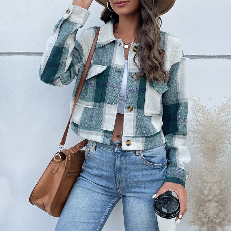 Damen Karierte Denimjacke mit Knöpfen und Brusttaschen Heidi-Mode