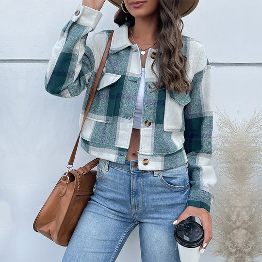 Damen Karierte Denimjacke mit Knöpfen und Brusttaschen Heidi-Mode