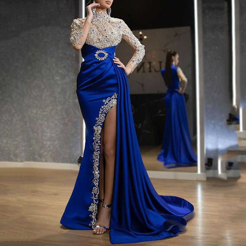 Damen Elegantes Abendkleid mit aufwendigen Spitzenapplikationen und hohem Schlitz Heidi-Mode