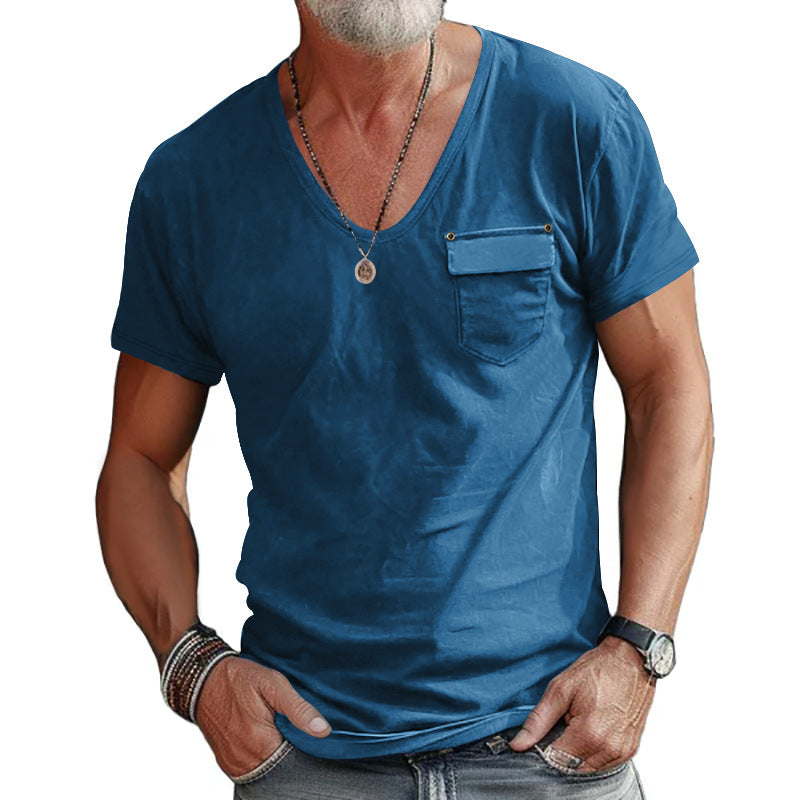 Herren T-Shirt mit V-Ausschnitt und praktischer Brusttasche Heidi-Mode