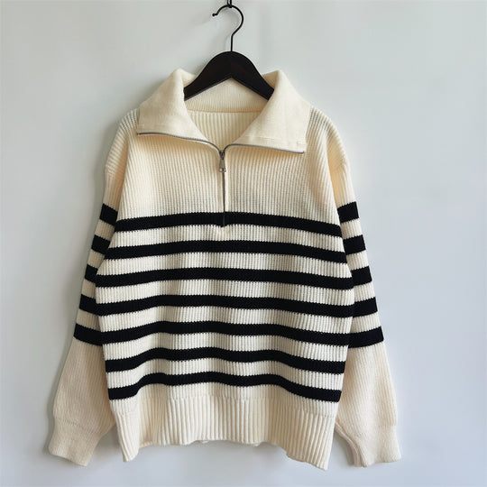 Damen gestreifter Pullover mit modernem Stehkragen und kurzer Reißverschluss Heidi-Mode