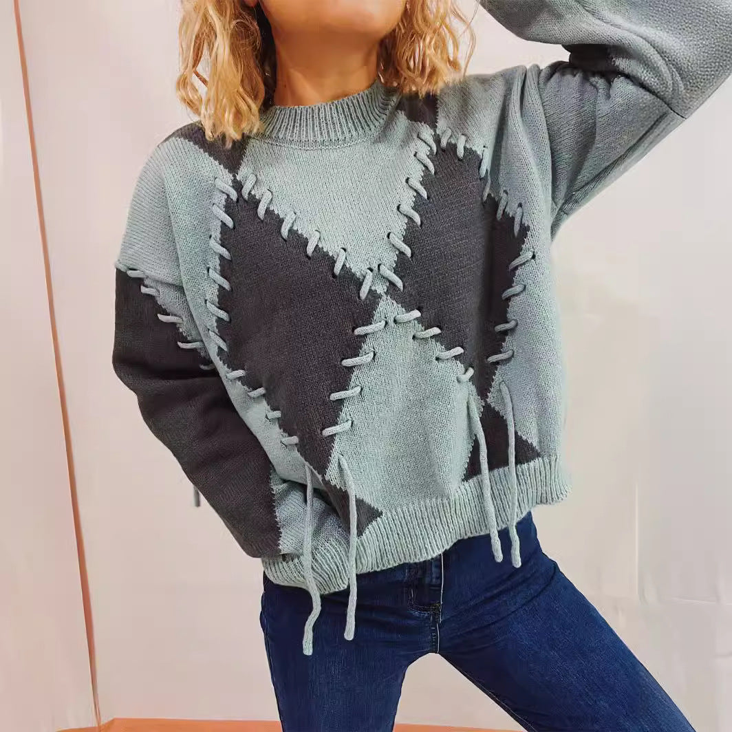 Damen gemütlicher Strickpullover mit auffälligem Design und modernen Schnürdetails Heidi-Mode