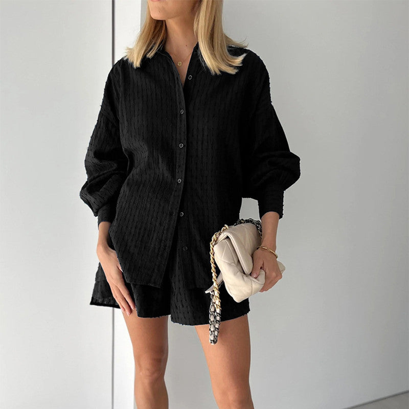 Damen lässiges Hemd-Shorts-Set mit elegantem Webmuster Heidi-Mode