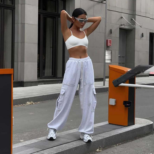 Damen lässige Cargo-Hosen mit elastischem Bund und praktischen Taschen Heidi-Mode