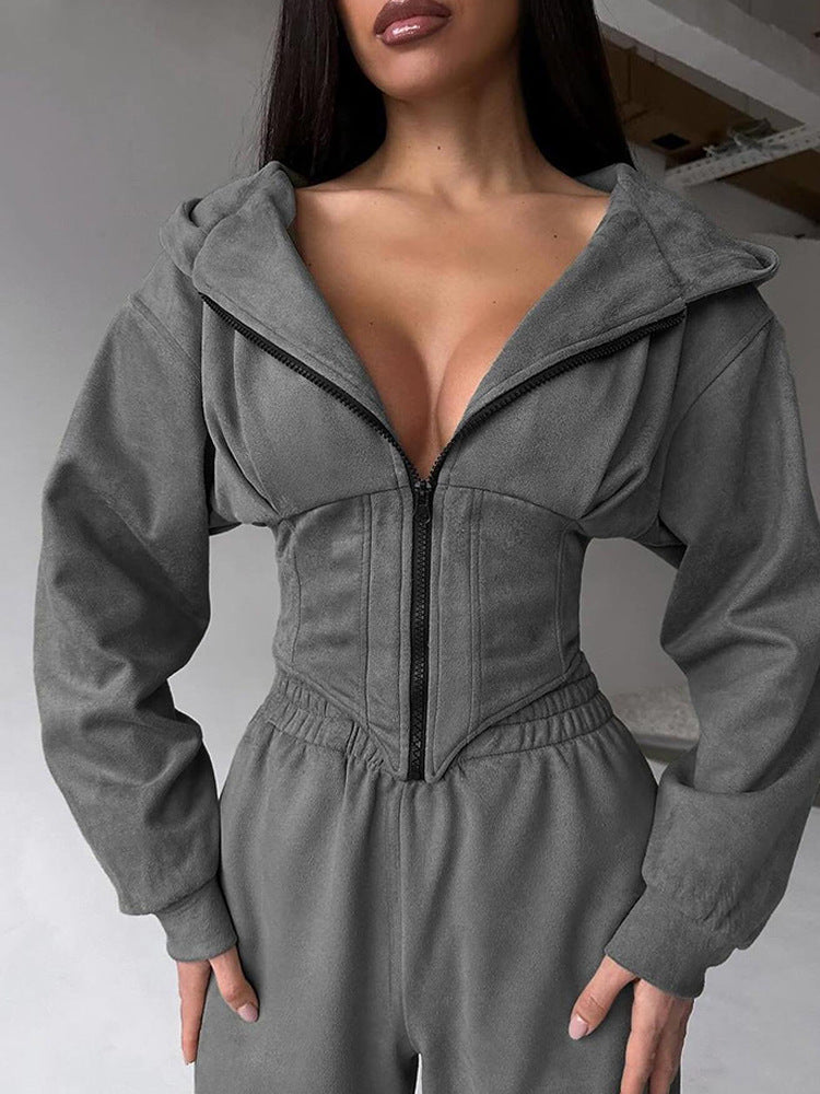Damen Lässiger Utility-Jumpsuit mit hohem Kragen und Reißverschluss Heidi-Mode