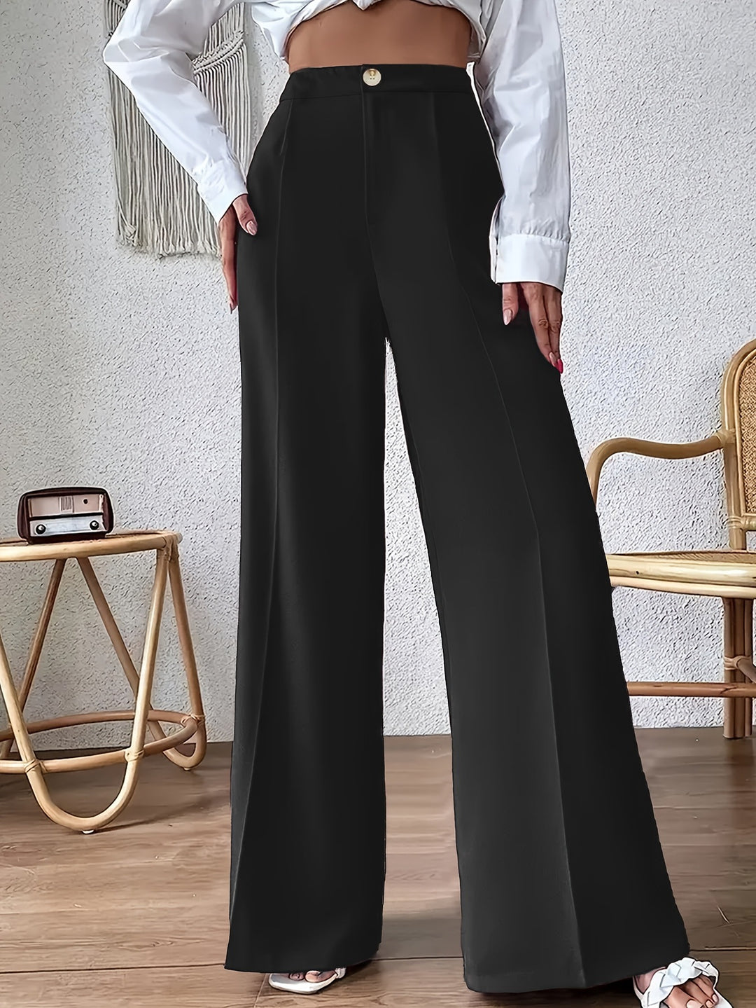 Damen Weit geschnittene elegante Stoffhose mit hoch sitzendem Bund Heidi-Mode