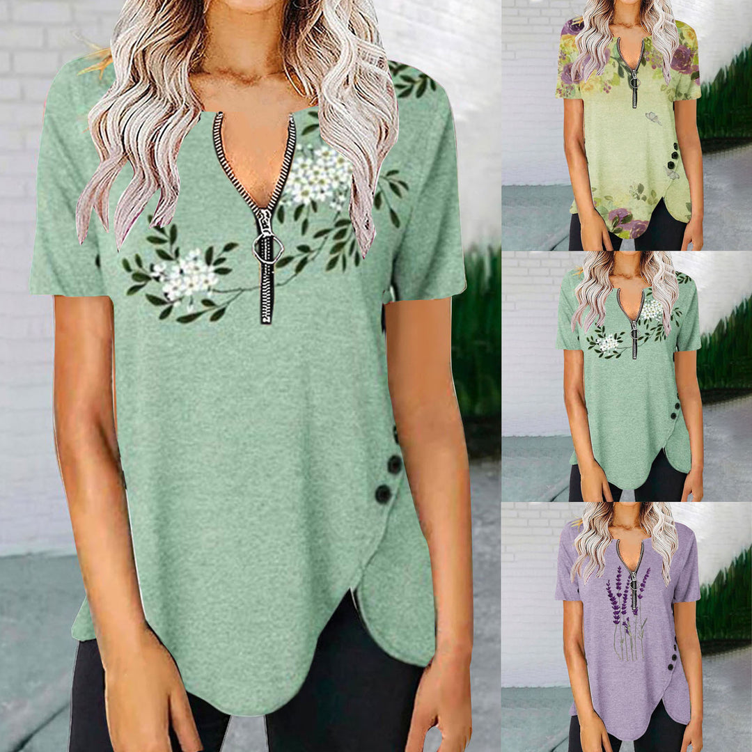 Damen T-Shirt mit halbgeschlossenem Reißverschluss und floralem Muster Heidi-Mode