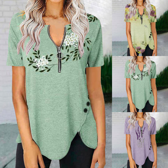 Damen T-Shirt mit halbgeschlossenem Reißverschluss und floralem Muster Heidi-Mode