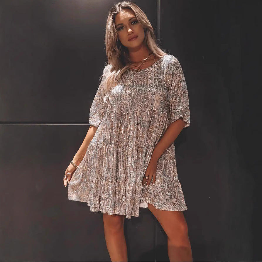 Damen Festliches Minikleid mit funkelndem Pailletten-Design und voluminösem Saum Heidi-Mode
