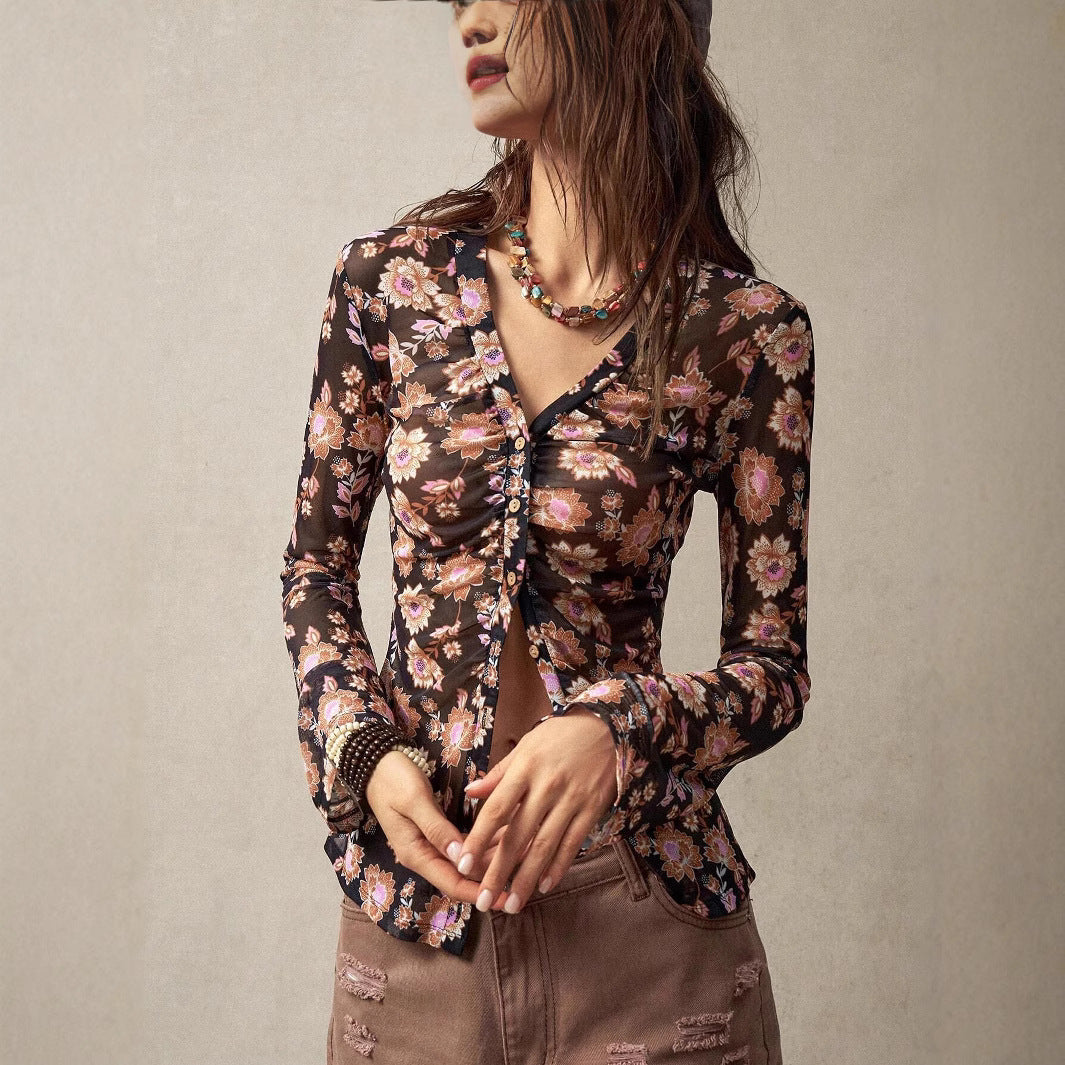 Damen Blumendruck Langarmoberteil Heidi-Mode