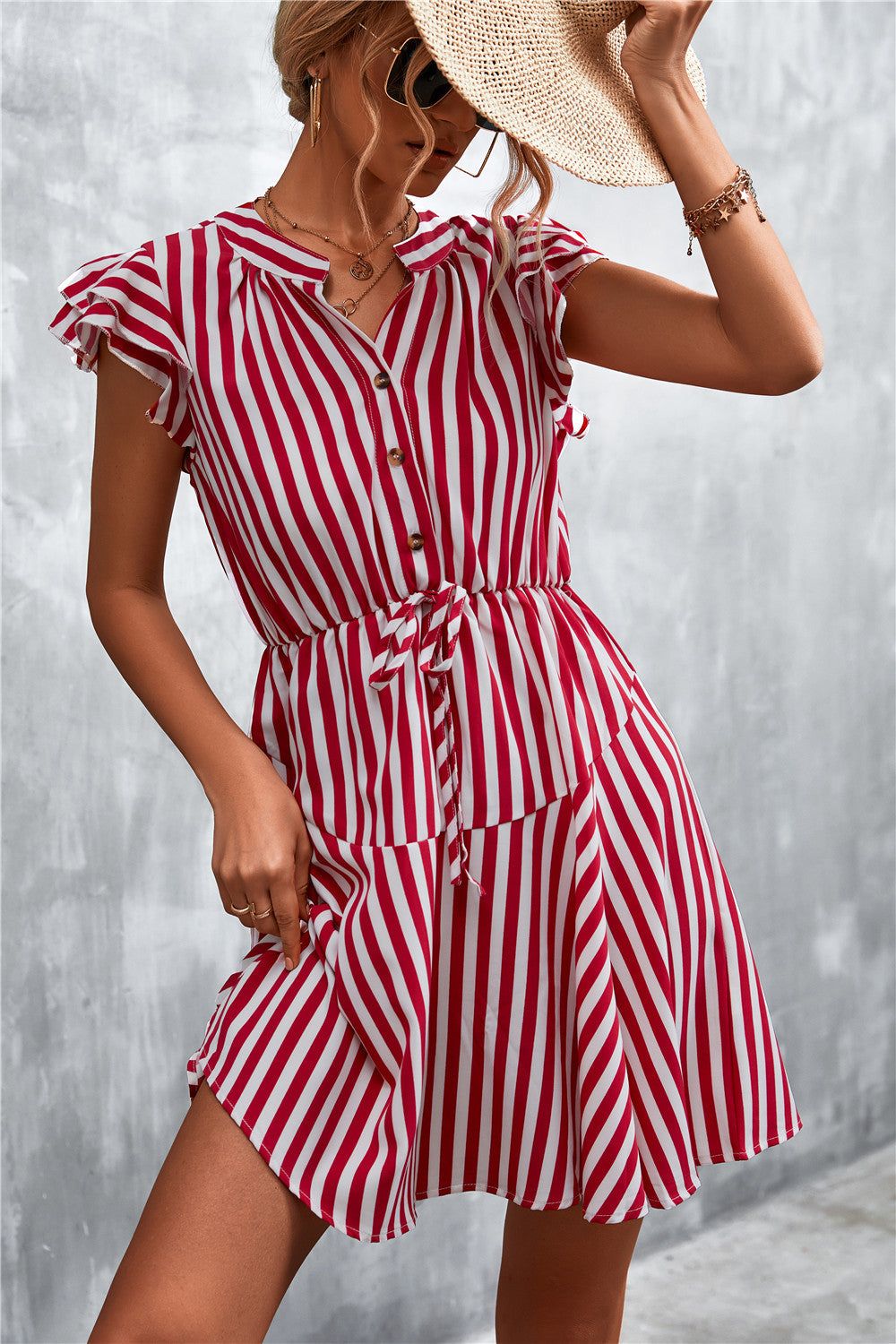 Damen Kurzarm-Kleid im angesagten Streifenlook mit Taillenzug und eleganten Rüschendetails Heidi-Mode