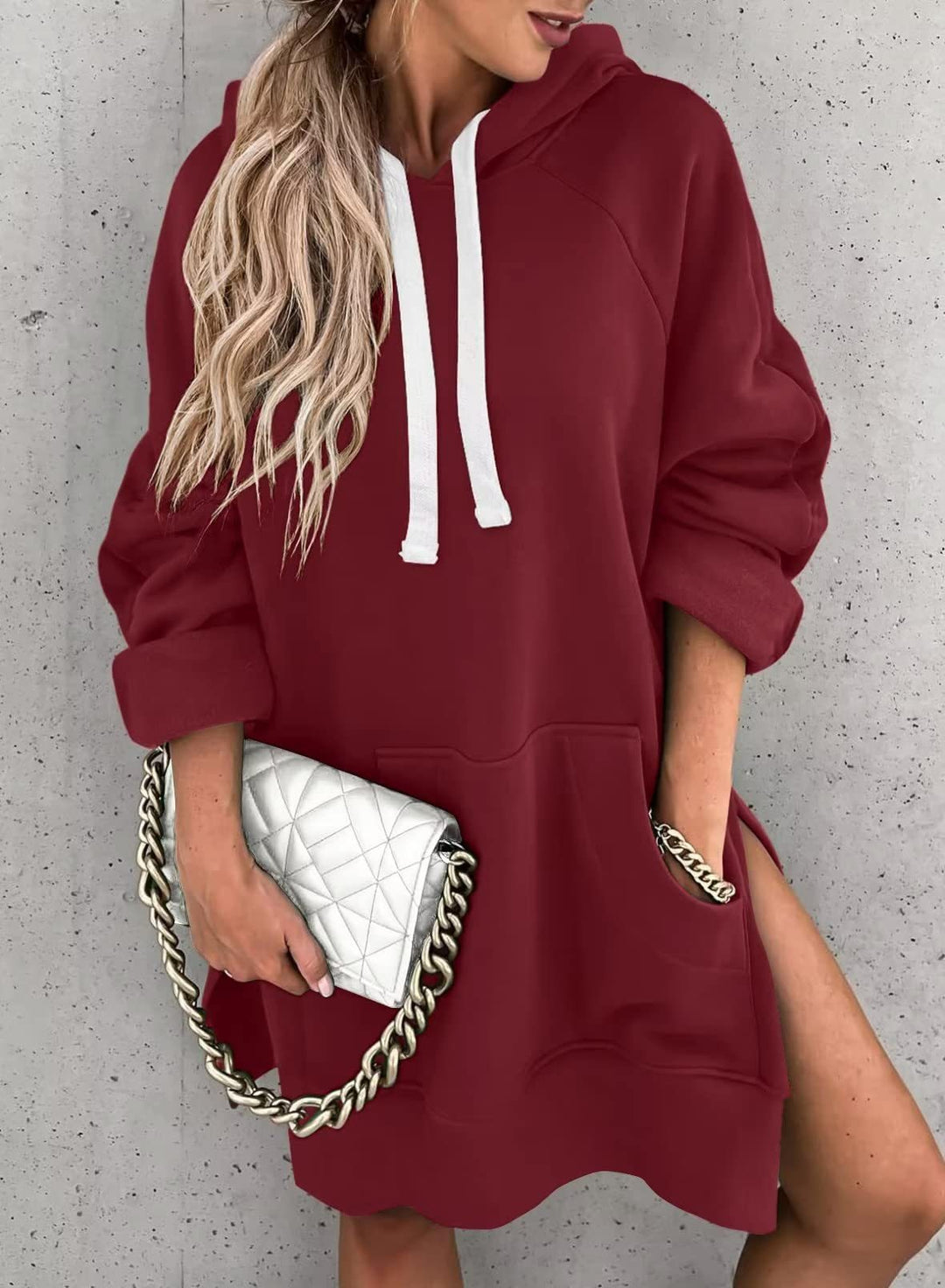 Damen lässiges Kapuzenkleid mit praktischen Eingrifftaschen und seitlichen Schlitzen Heidi-Mode