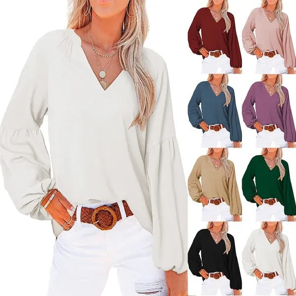 Damen Bluse mit weitem Ballonärmel und elegantem V-Ausschnitt Heidi-Mode