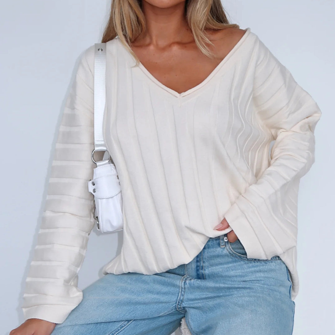 Damen Lässiges V-Ausschnitt Pullover-Top mit Rippstruktur und weiten Ärmeln Heidi-Mode