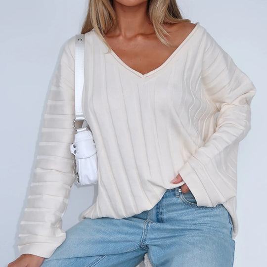 Damen Lässiges V-Ausschnitt Pullover-Top mit Rippstruktur und weiten Ärmeln Heidi-Mode