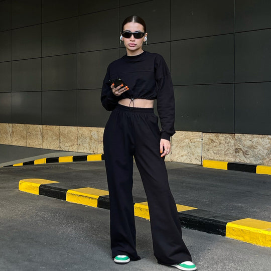 Damen Sportliches Crop-Set aus weichem Material mit elastischem Bund Heidi-Mode