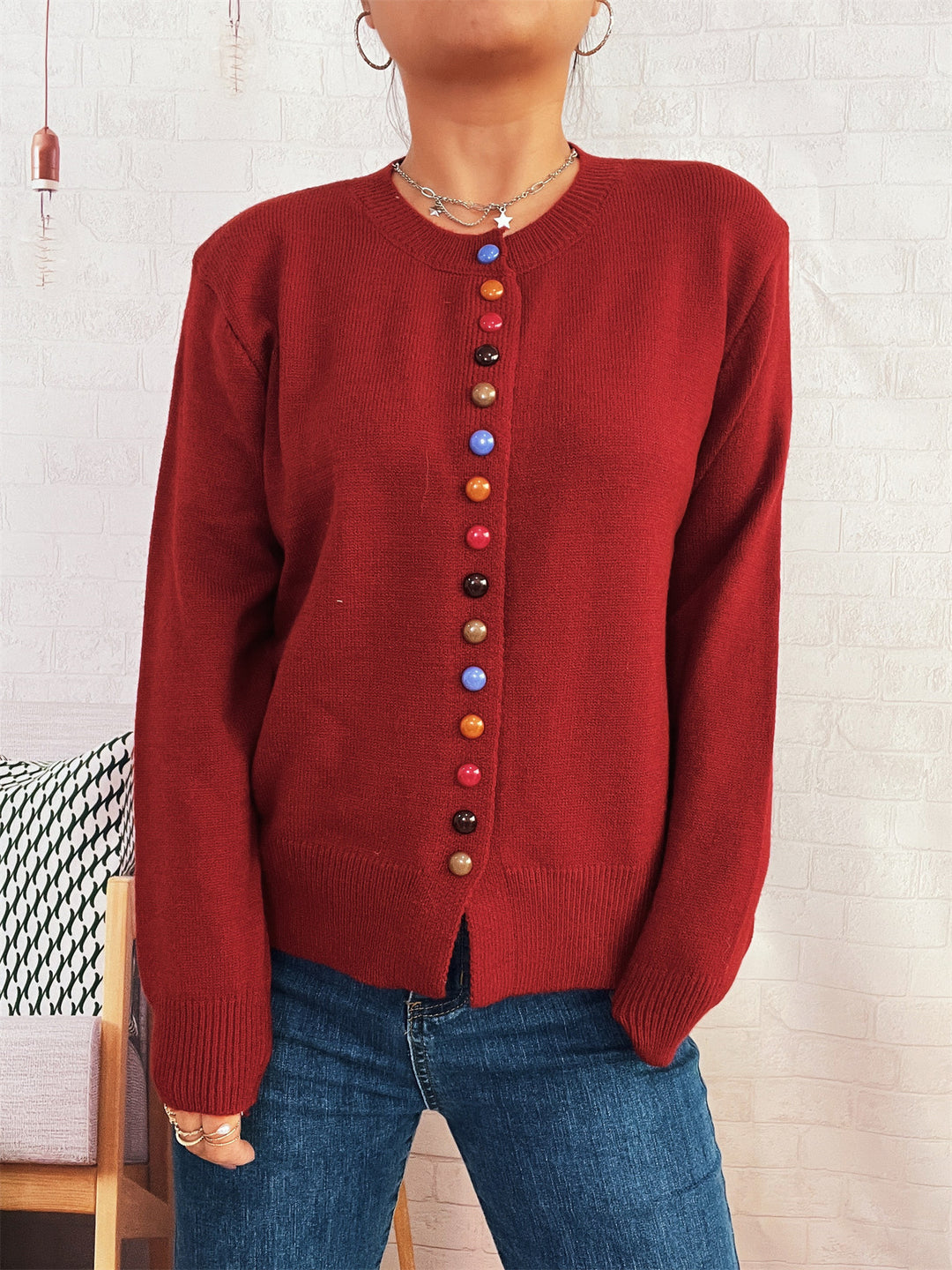 Damen stilvolle Strickjacke mit bunten Knöpfen Heidi-Mode