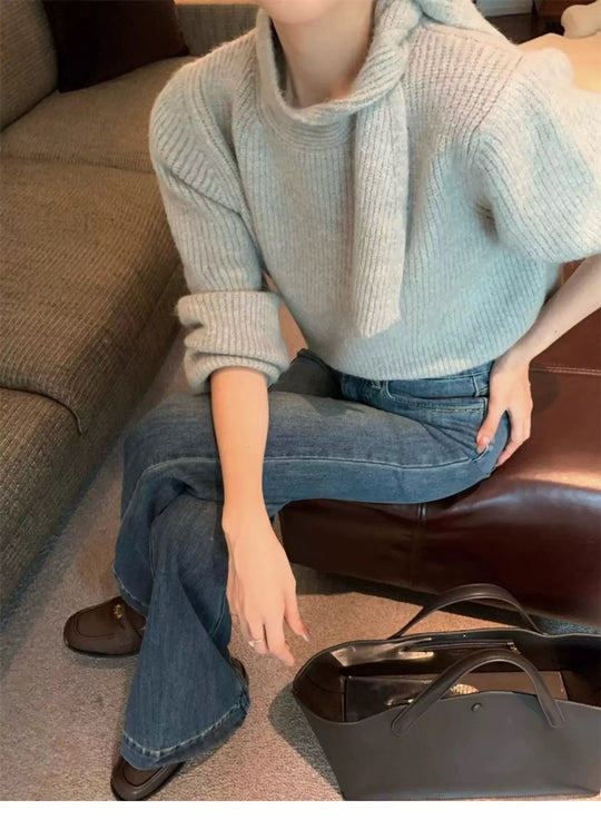 Damen Strickpullover mit verspieltem Kragen und modernem Rippdesign Heidi-Mode