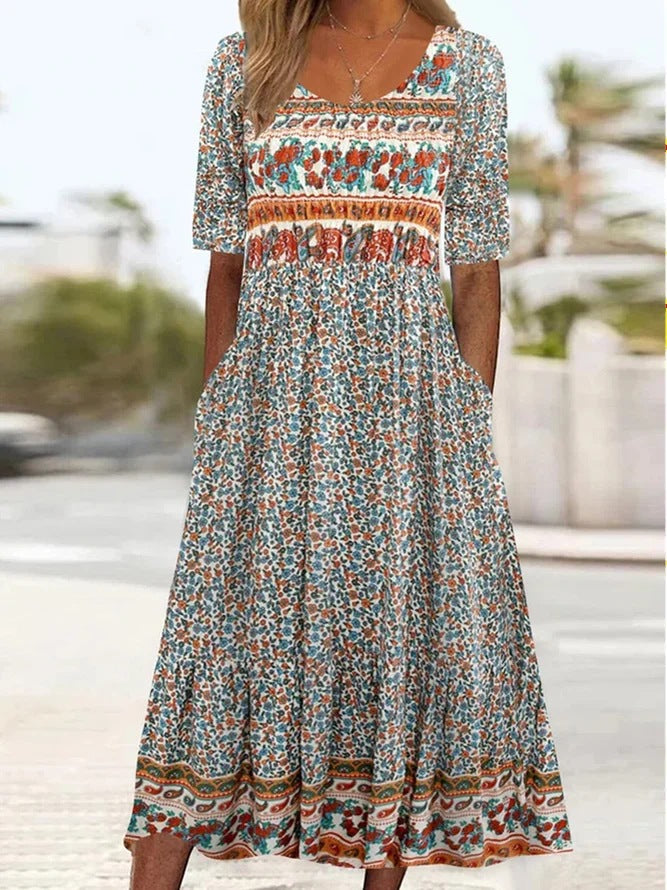 Heidi Mode | Rundhalsausschnitt Kurzarm Bohemian Print Kleid Frauen