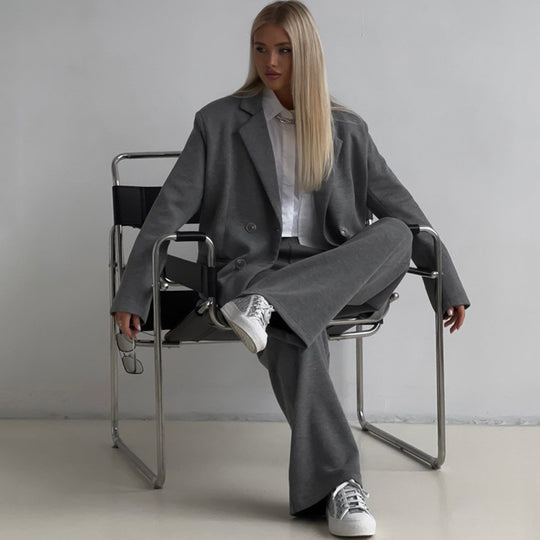 Damen elegantes lässiges Zweiteiliges Set mit oversized Blazer und weit geschnittenen Hosen Heidi-Mode