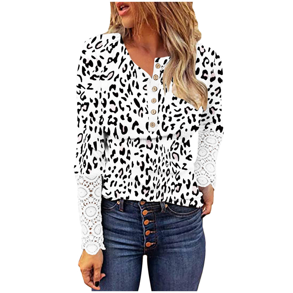 Damen langärmliges T-Shirt mit Spitze und modernem Leo-Muster Heidi-Mode