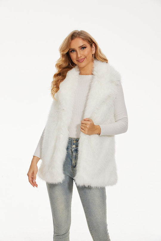 Damen Lange Kunstfell-Weste mit hohem Kragen und weichem Innenfutter Heidi-Mode