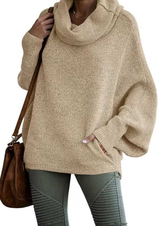Damen lässiger Strickpullover mit weichem Stehkragen und weit geschnittenen Ärmeln Heidi-Mode