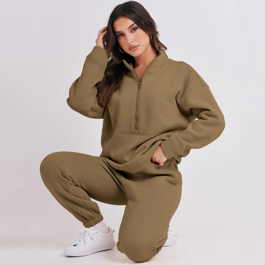 Damen Sportlicher Fleece-Jogginganzug mit halbem Reißverschluss Heidi-Mode