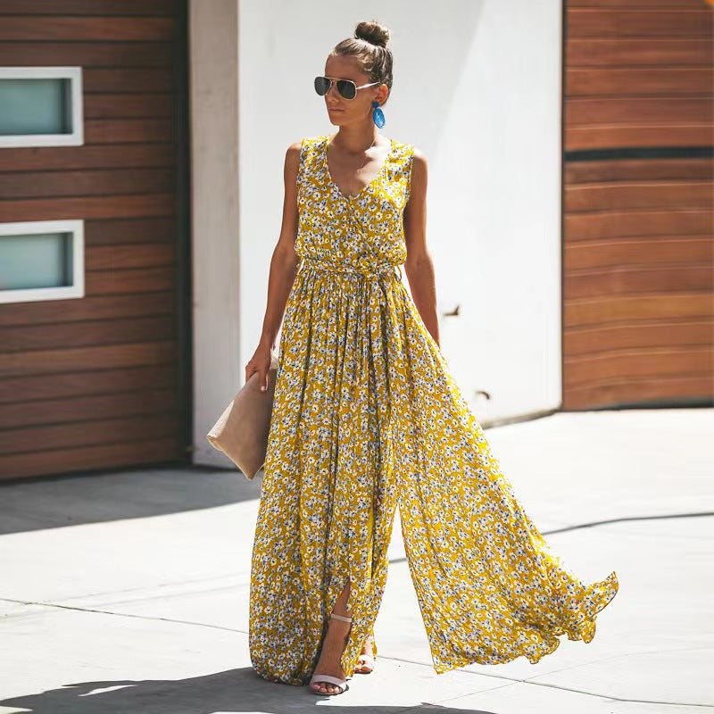 Heidi-Mode | Kleines Blumenmuster Maxikleid mit Ärmellosem Design und V-Ausschnitt