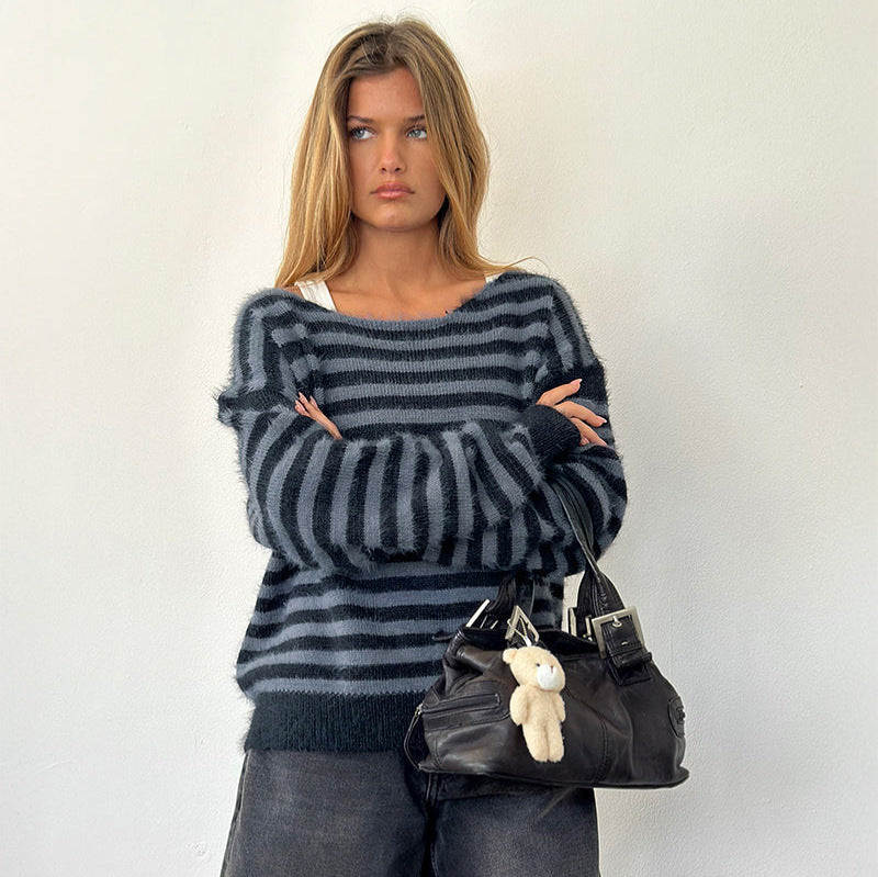 Damen modischer gestreifter Pullover mit lockerer Passform Heidi-Mode