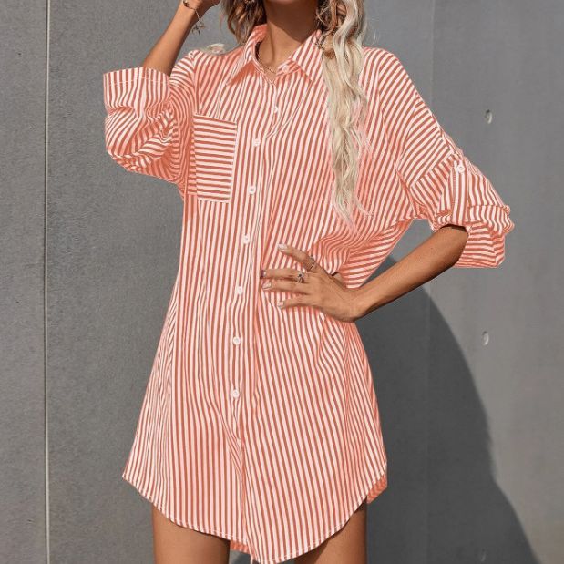 Damen Hemdblusenkleid im lässigen Stil mit Streifenmuster Heidi-Mode