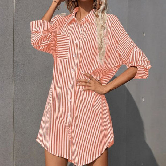 Damen Hemdblusenkleid im lässigen Stil mit Streifenmuster Heidi-Mode