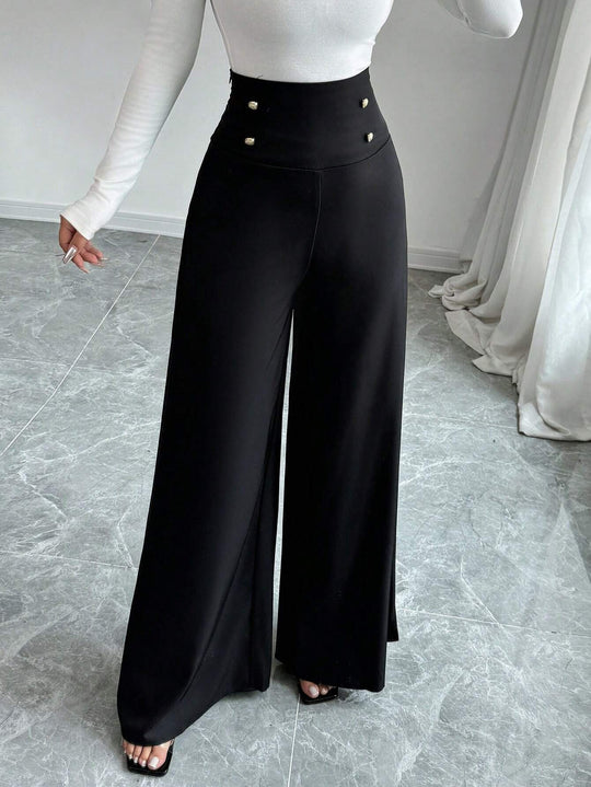 Damen Hochtaillierte Palazzo-Hose mit dekorativen Knöpfen Heidi-Mode
