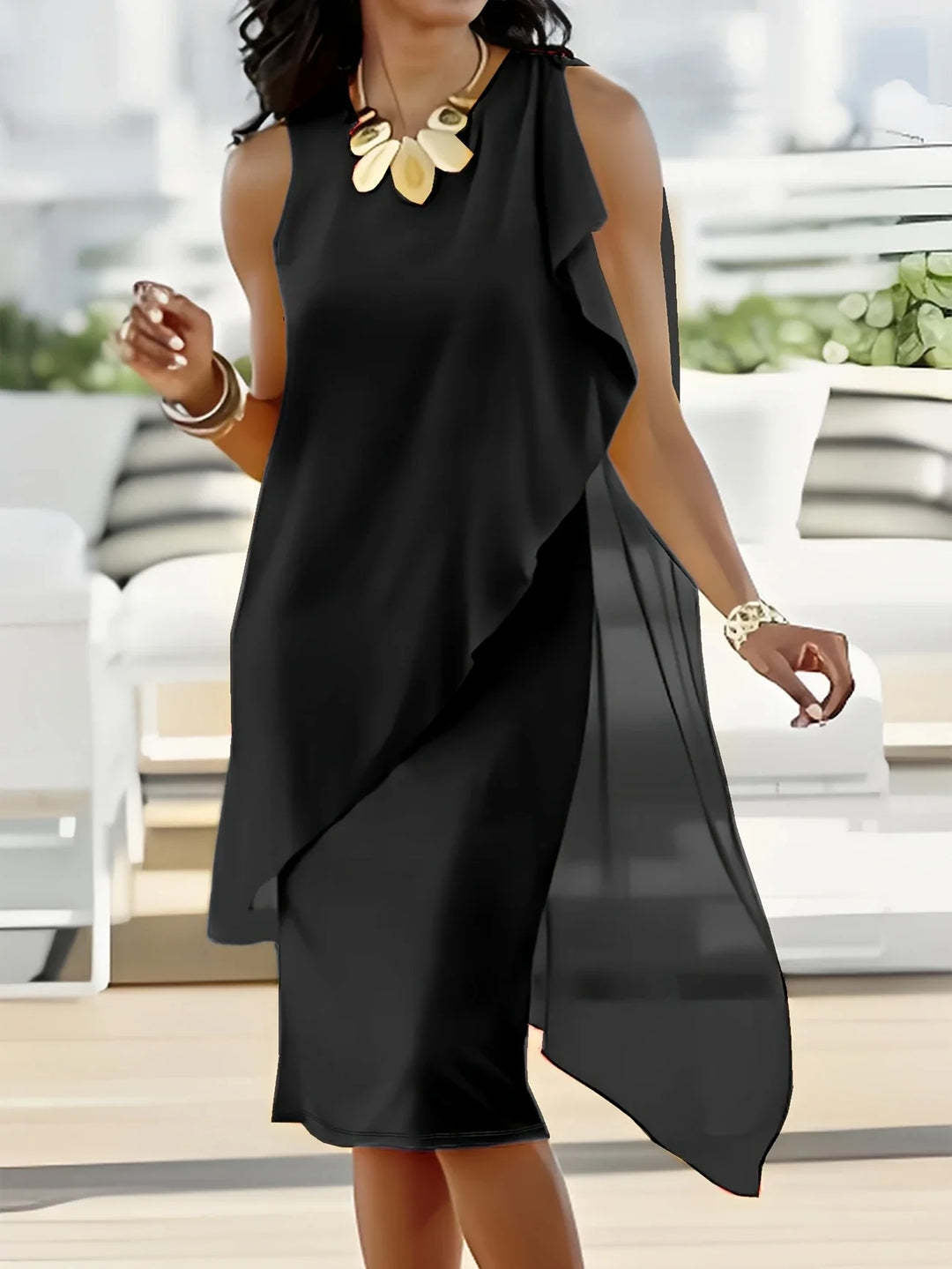 Damen asymmetrisches Chiffonkleid mit fließendem Schnitt Heidi-Mode